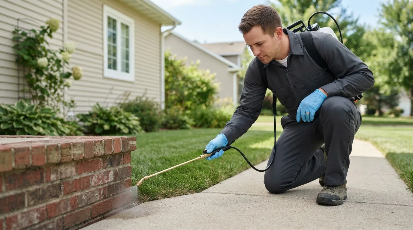 Pest control technician treating a home near Dahlen, ND