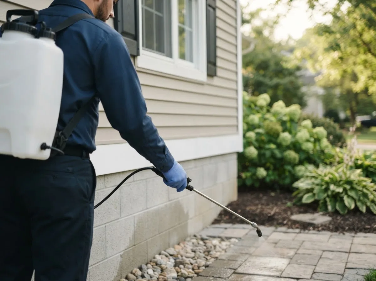Pest control technician inspecting a home in Dahlen, ND